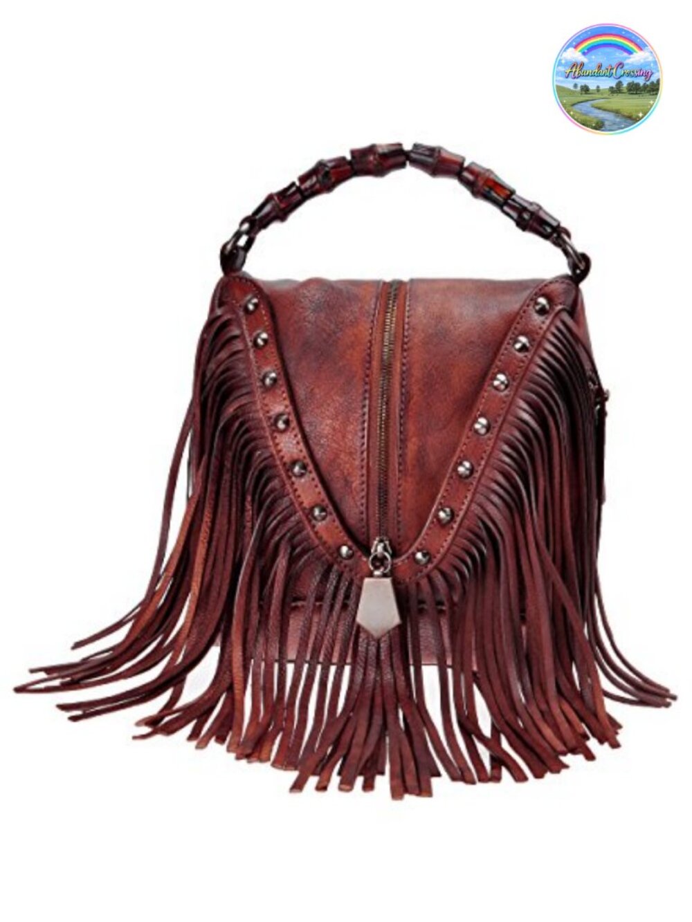 Women Leather Fringe Crossbody Bag Boho Bamboo Handle Studded Handbag